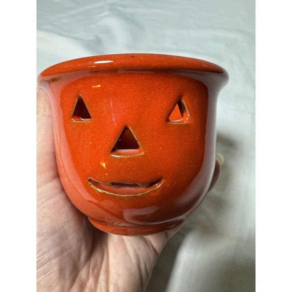 Jack-O-Lantern Halloween Pumpkin Ceramic Candle Holder Orange Pier1 Vintage